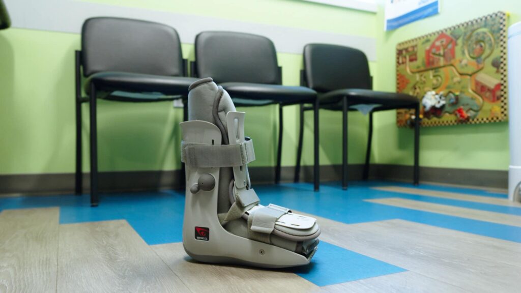 Walking boot displayed in a Sapphire Pediatrics exam room